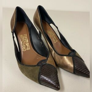 Salvatore Ferragamo Bronze and Dark Brown Heels
